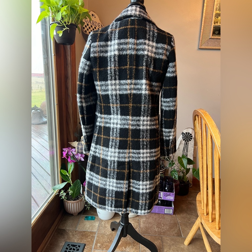 NWT Calvin Klein Plaid Faux-Leather-Pocket Walker Coat Wool Blend Black XXS - Picture 3 of 16